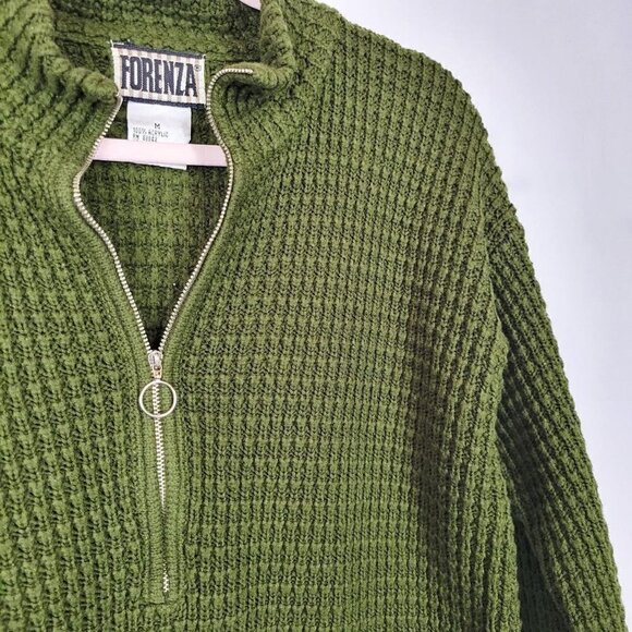 Vintage Forenza Forest Green Chunky Waffle Knit Long Oversized Quarter Zip Sweat - Picture 3 of 4